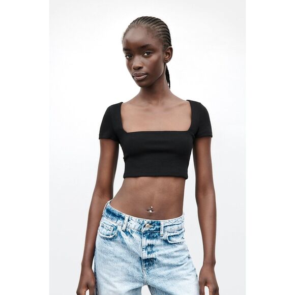 ZARA 90s Crop Top Short Sleeve Stretch Squared Neckline Very Soft S Blush Pink - Picture 2 of 14